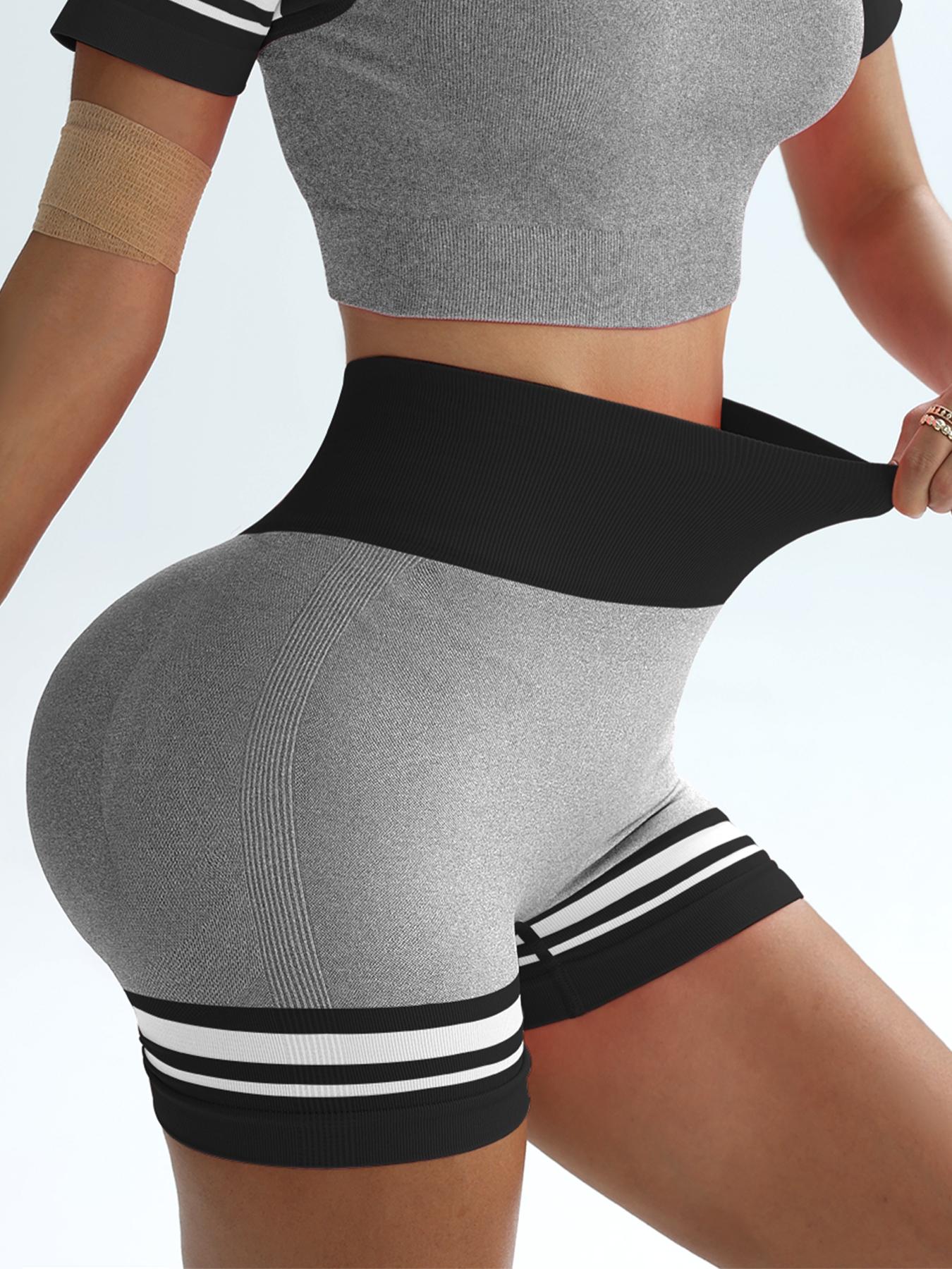 Women's Striped High Waist Gym Shorts, Active Athletic Shorts, Breathable Comfortable Yoga Shorts, High Elasticity Fitness Casual Wear, Ideal for Workouts & Daily Use