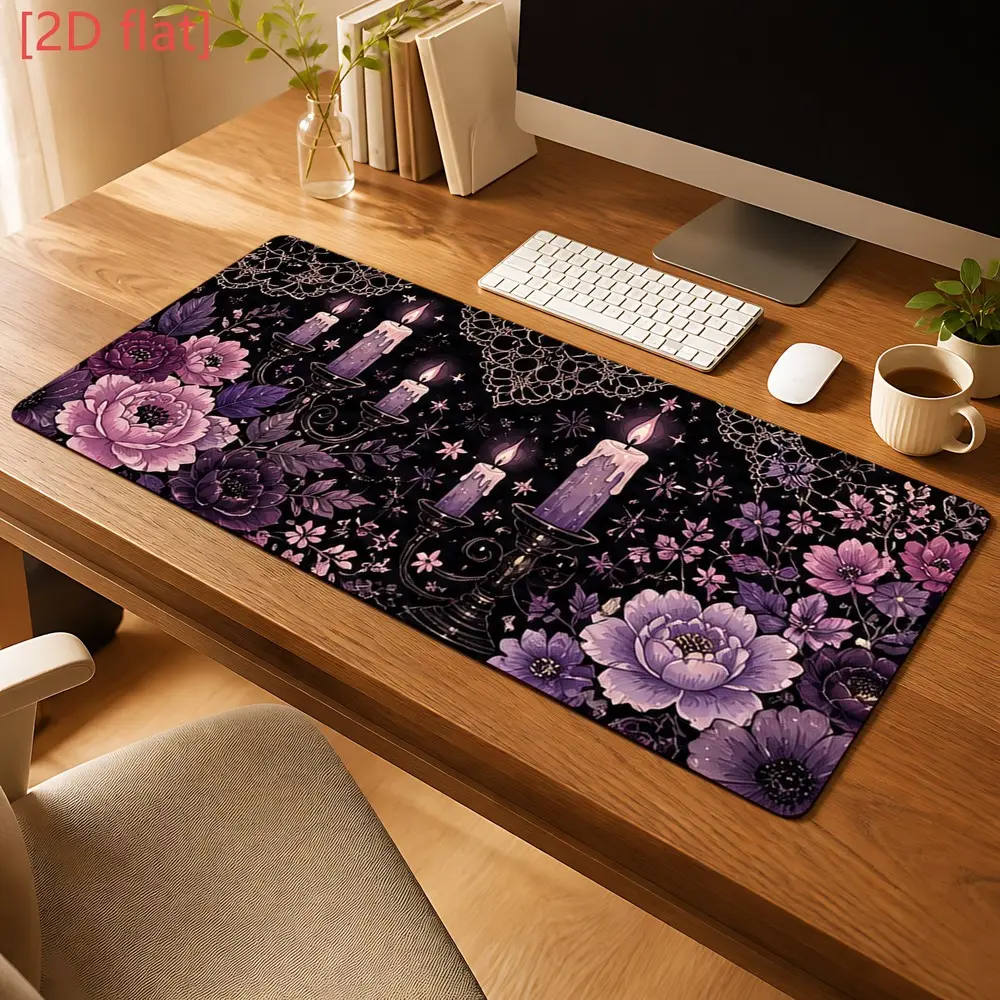 Vintage Prints Black-Purple Floral Candlestick Mouse Pad with Anti-Slip Base, Precise Control for Computer Mice, Gamers & Pros, Office Desk Desktop Decoration Accessory