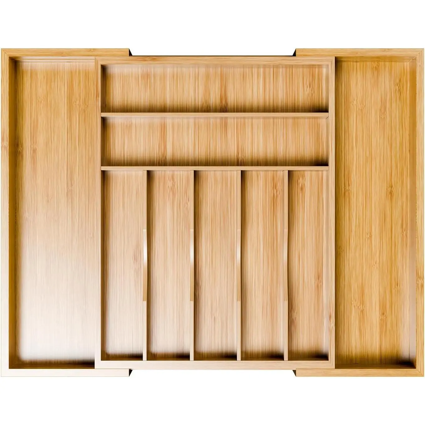Bamboo Expandable Drawer Organizer, Adjustable Cutlery Tray with 7-9 Compartments for Silverware, Flatware, Knives & Kitchen Utensils