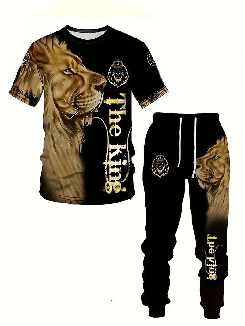 Men's 2-Piece Lion Printed Sportswear Set - Short-Sleeved T-Shirt, Pants, Summer Comfortable Menswear Clothing Set