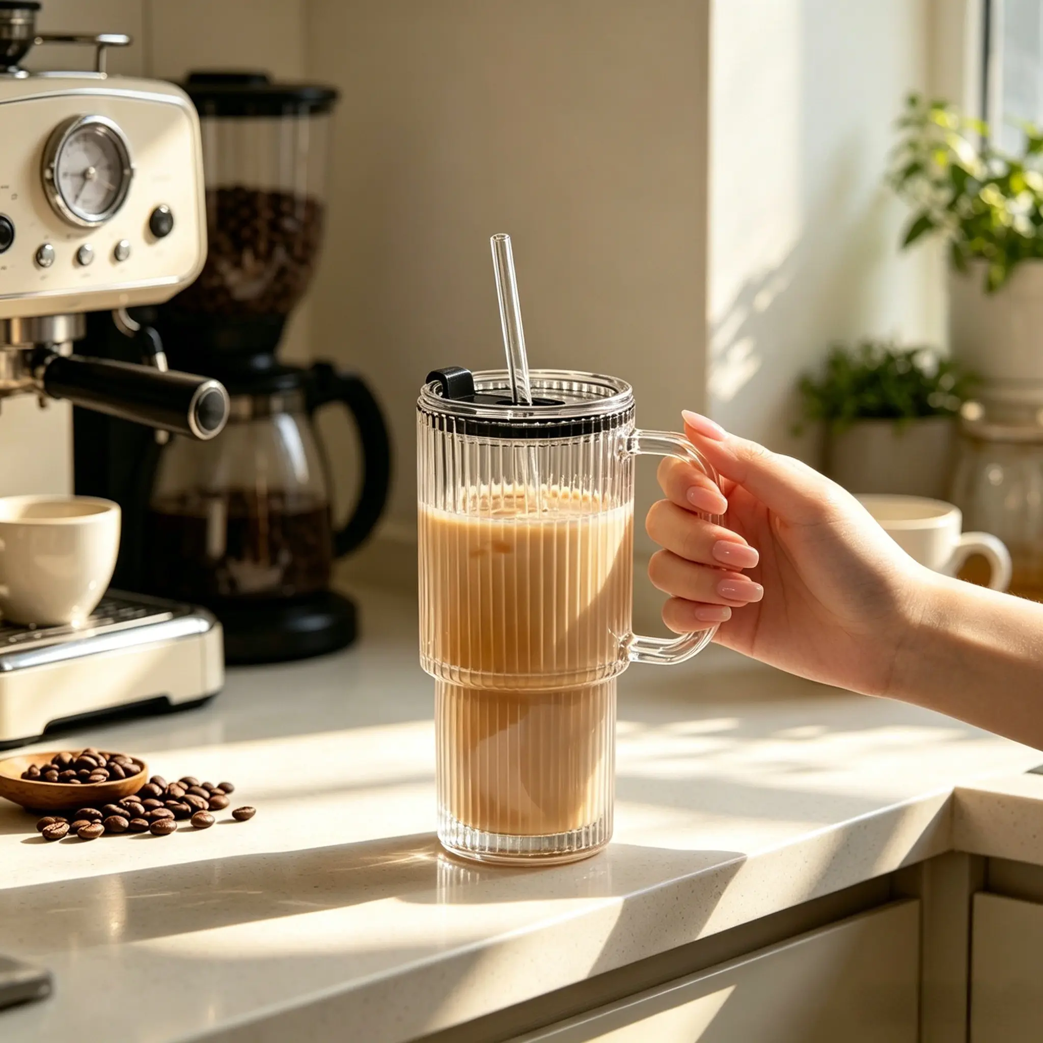 Vertical Pattern Handle Glass Cup, 500ML Dual Mouth with Lid and Straw, Reusable Drinking Glass, Glass Tumbler, Ice Coffee Juice Bubble Glass, Party Picnic Home Gift