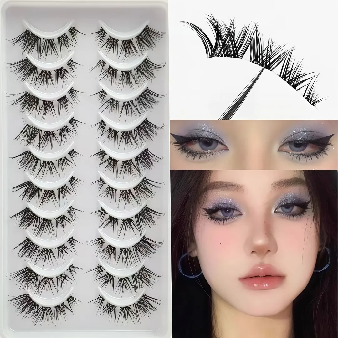 10 Pairs Lightweight European C Curl False Eyelashes, Transparent Strip Design, Clear and Natural Look, Single Piece Application