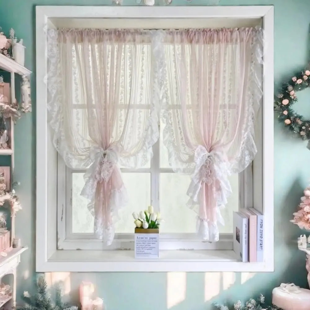 Coquette Pink Floral Print Sheer Lace Curtains with Ruffle Trim & Embroidery, Rod Top Gauze Voile Drapes for Girl's Bedroom/Living Room, 2 Panels (W39 x L47 in)