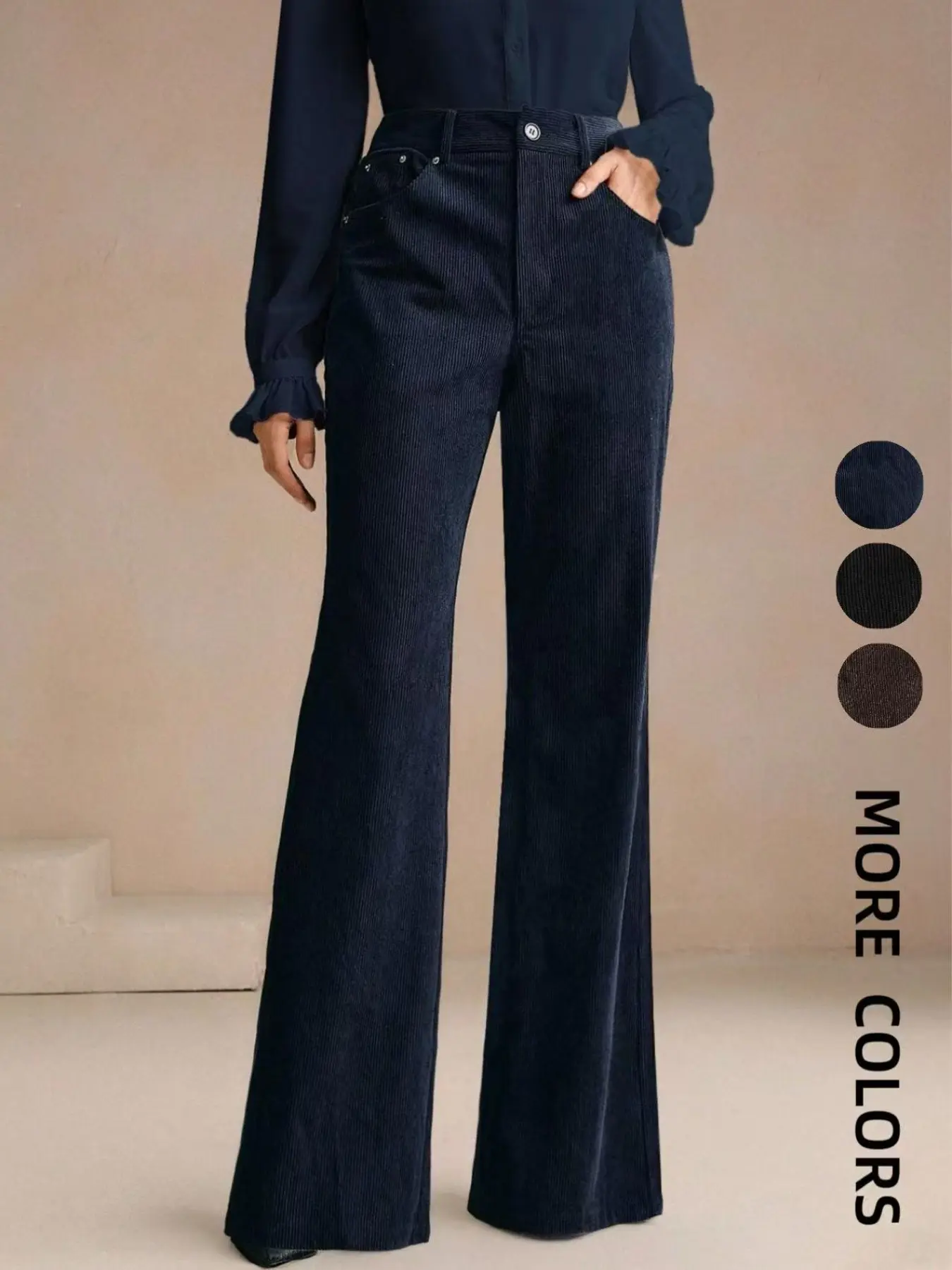 Women's Corduroy Rivet Pocket Flare Pants, Elegant Business Casual Style, Versatile Commuter Essential, Fashion Office Wear