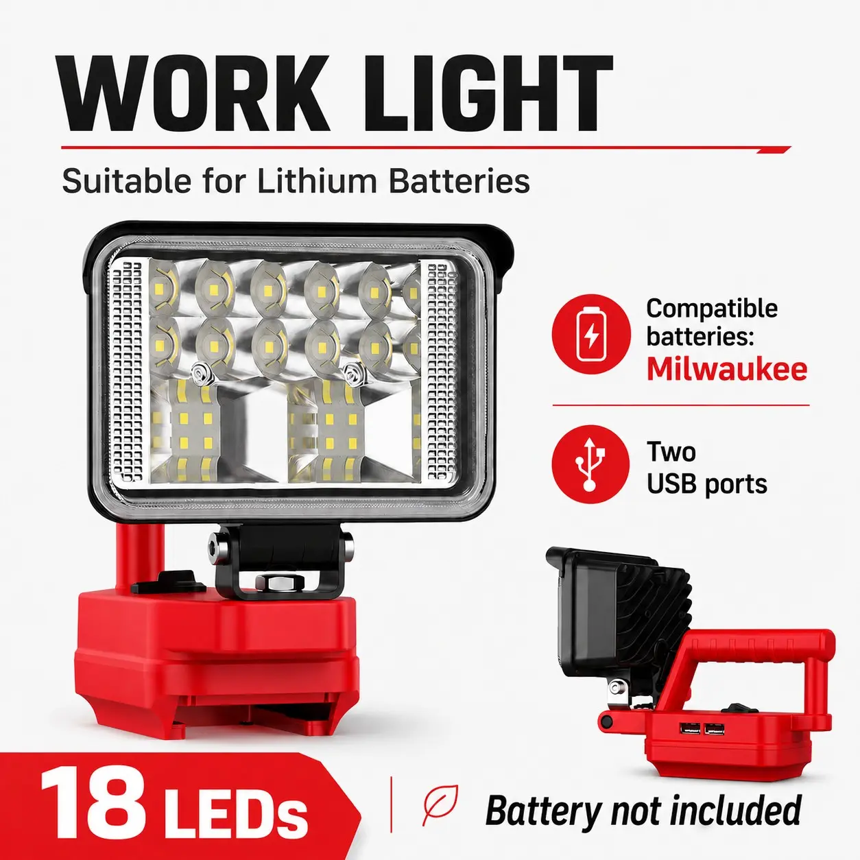 Wireless LED Work Light for Milwaukee 18v Battery, 10w 1200lm Wide Beam, Dual USB Charging Ports, Ideal for Emergency, Workshop, Garage