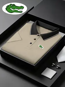Men's Sporty Quick-Dry Polo Shirt, Alligator Pattern Print, Comfortable Breathable Fabric, Durable Stretch Material, Short Sleeve Fitted Design