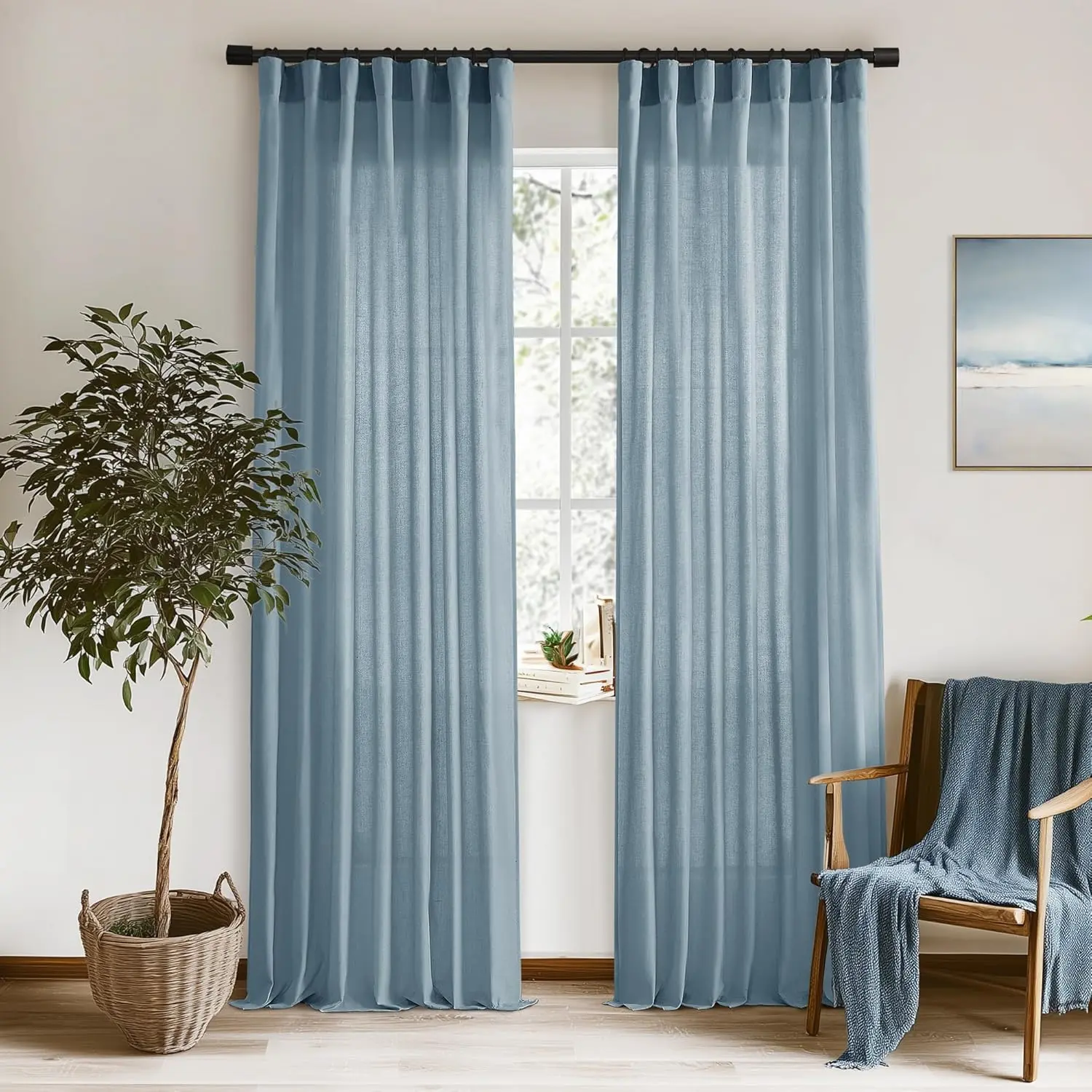 Dusty Blue 96-Inch Long Stretch Weave Curtains, Light Filtering Vintage Pleated Back Tab Semi Sheer Set of 2 Panels for Living Room, Stone Blue, Polyester Blend
