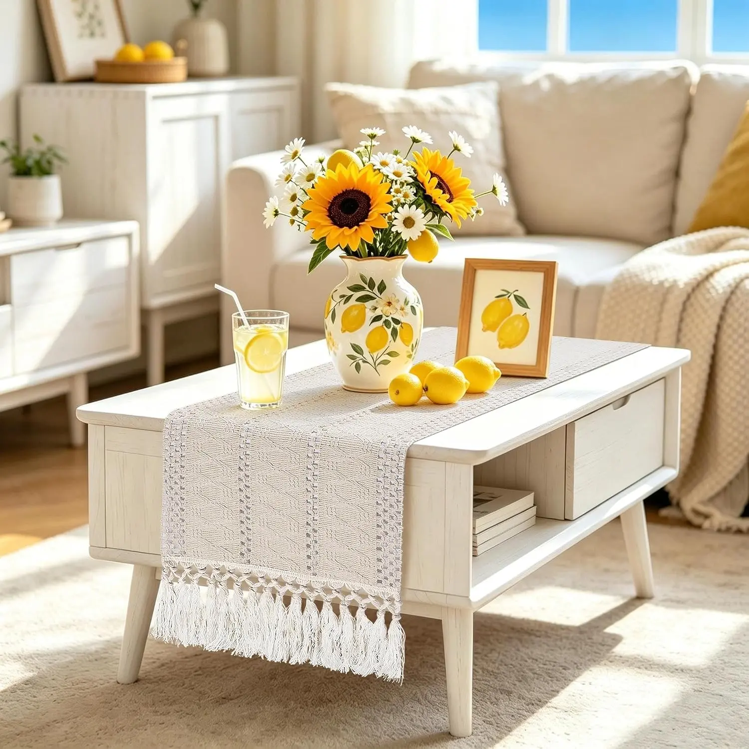 Boho Table Runner 36 Inches, Small Macrame Cream Coffee Table Runner Short, Dresser Scarf for Spring Decor, Nightstand, End Table, Desk