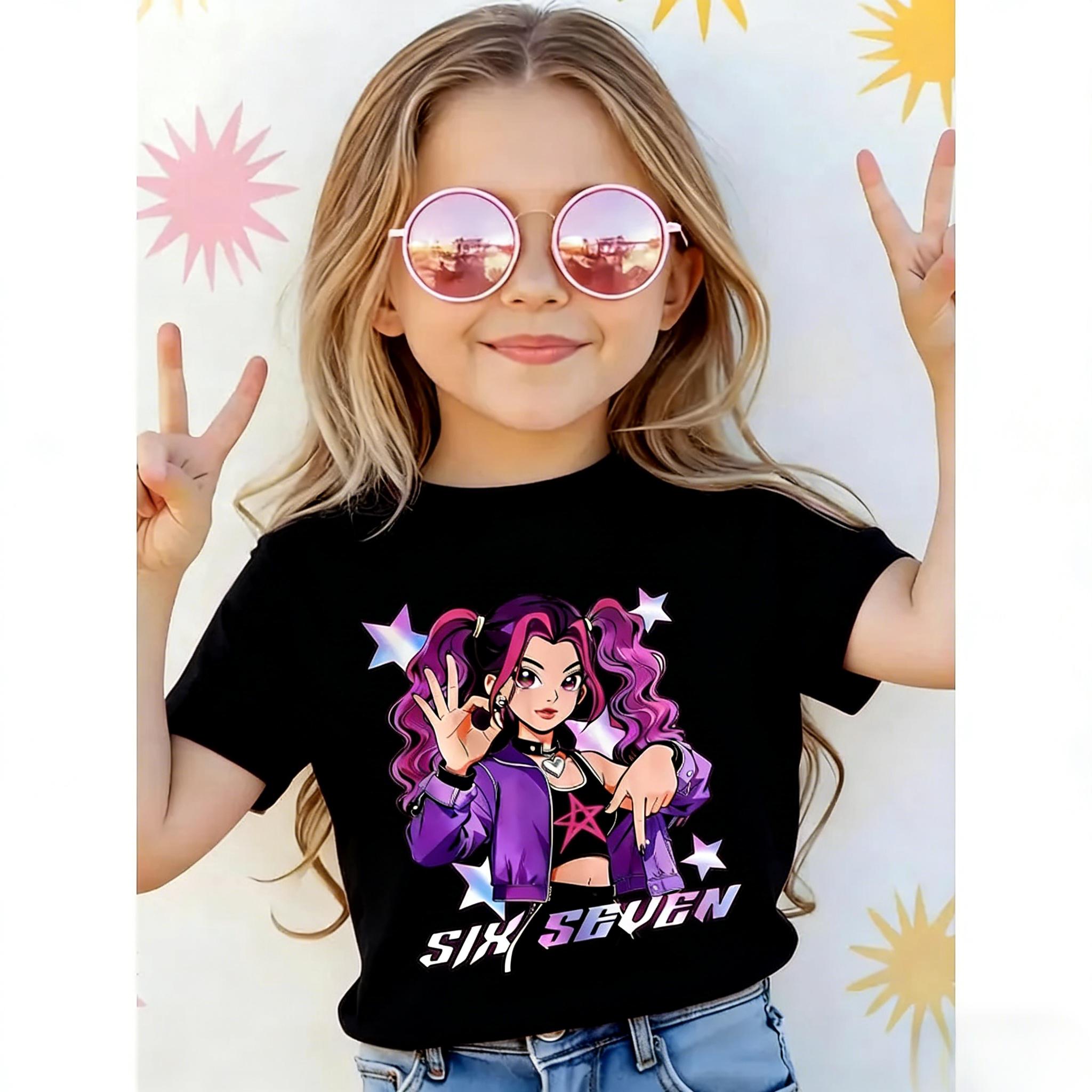 Girls' Easter, Kpop Cool Girl Star Print Short Sleeve T-Shirt, Comfortable Soft Fabric, Casual Sportswear, Perfect Gift for Girls