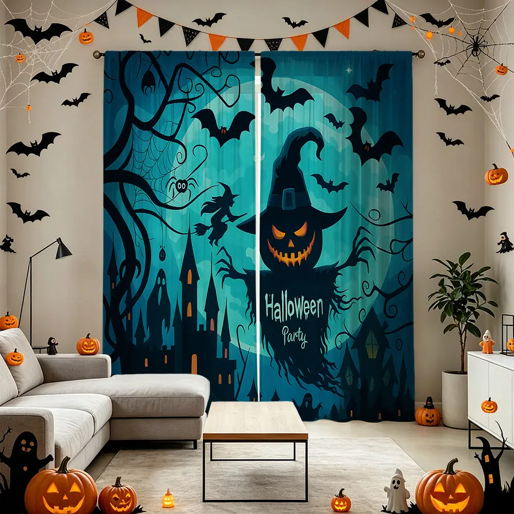 A set of 2 pieces of 90g polyester rod-through light-transmitting digital-printed curtains, featuring Halloween pumpkin, witch, and castle bat patterns, suitable for home decoration. The patterns are clear and vivid, making them an ideal gift choic