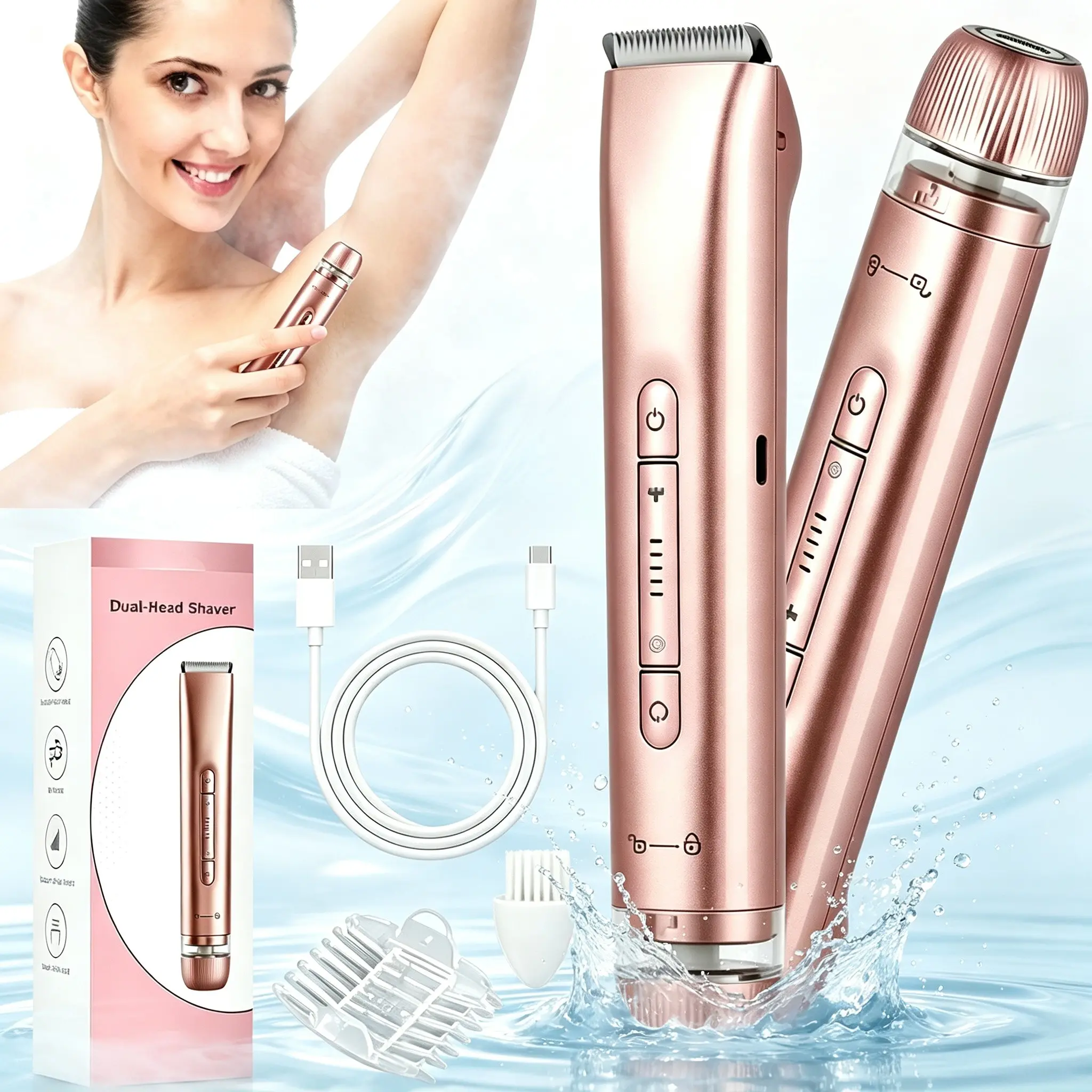 2-In-1 Dual-Head Electric Body Hair Remover, Portable Dry Wet Shaver, Ergonomic Handle, Face, Arms, Legs, Bikini Line, Back Hair Removal