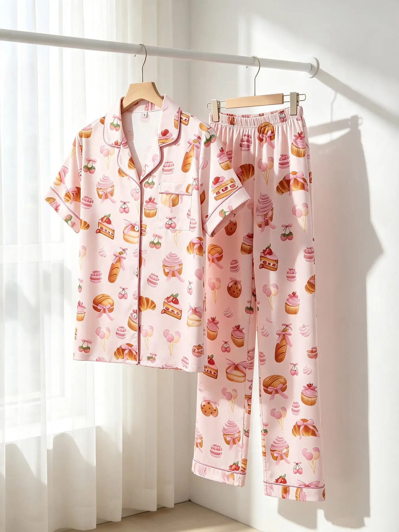 Sweet Cupcake Print Pajama Set For Women, Short‑Sleeve Cardigan Top, Long Trousers, All‑season Wearable, Korean Kawaii Aesthetic Loungewear, Gentle Indoor‑only Outfit