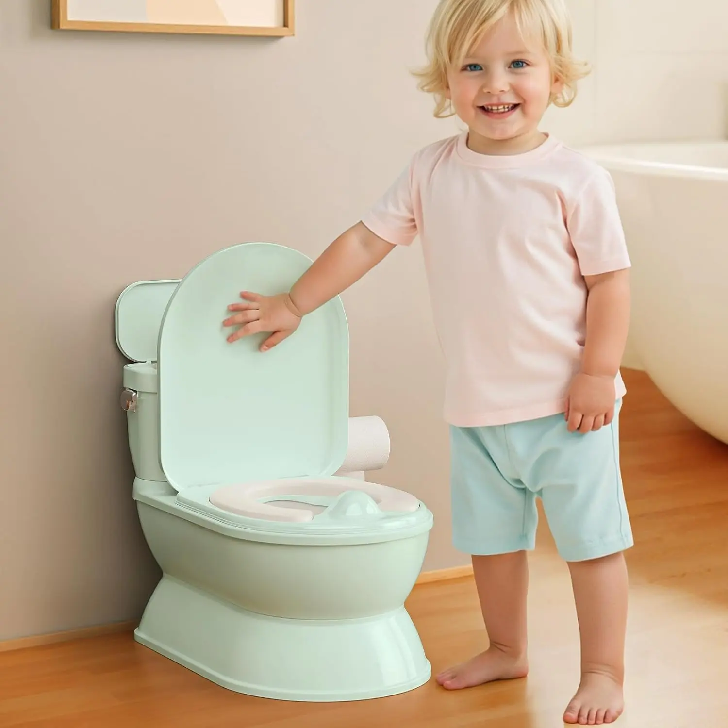 2-in-1 Toddler Potty Training Toilet - Larger Potty Chair with Detachable Seat, Flushing Sound, Wipes Storage, Toilet Paper Holder for Boys & Girls Ages 1-3