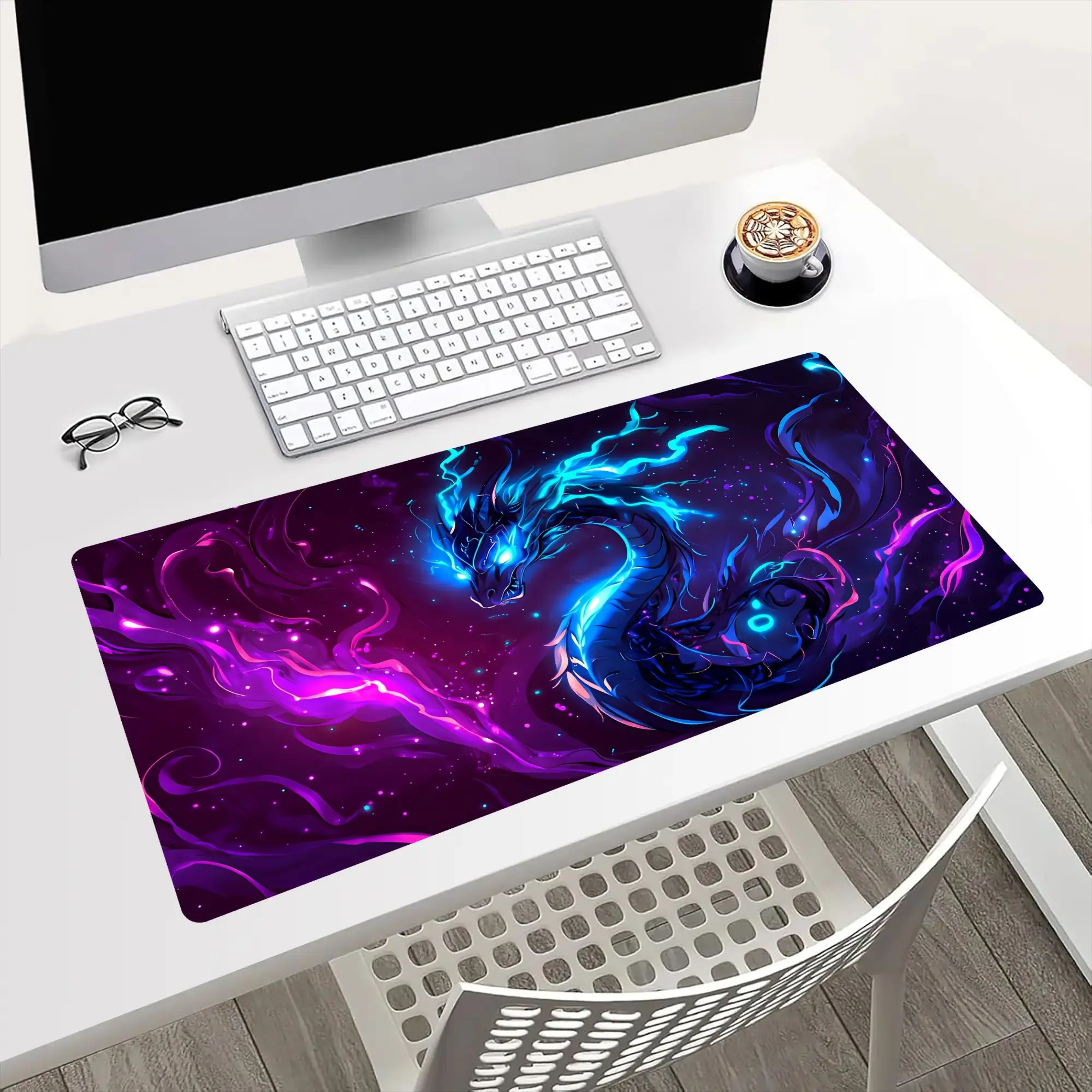 A Large Blue And Purple Glowing Dragon Nebula Scene Gaming Mouse Pad, Ideal As a Perfect Gift Choice for Gamers, Featuring an Extra-Long Desk Mat That Serves As a Stylish Desktop Decoration. It Has a Non-Slip