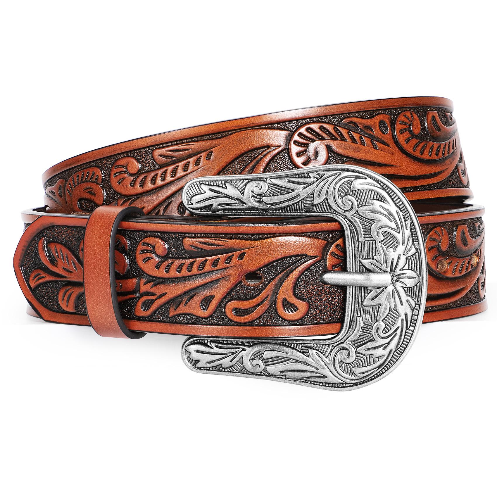 XZQTIVE Western Belts for Women Men Cowboy Cowgirl Floral Engraved Leather Belt Strap Vintage Embossed Buckle Waist Casual  Black Belt