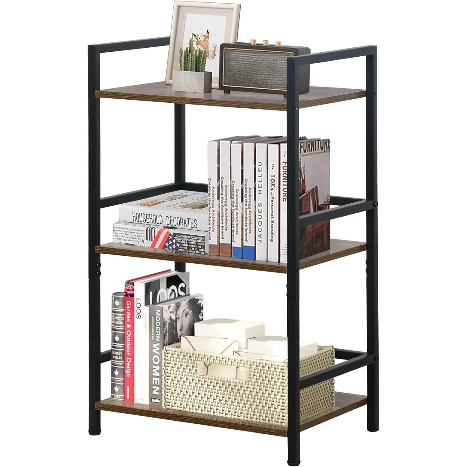 Book Shelf Small Bookshelf, 3 Tier Industrial Short Bookshelf, Metal Open Shelf Bookcase for Living Room, Bedroom, and Office, Rustic Brown