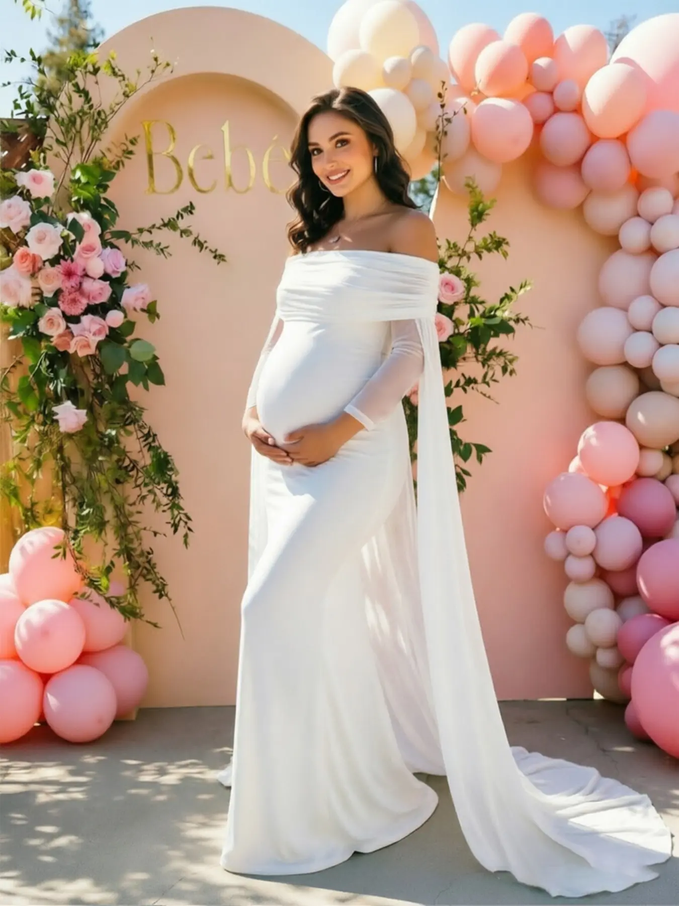 Women's Long Sleeve Off-Shoulder Mermaid Dress, One-Piece Design with Ultra-Long Netting, Elegant Party Gown for Pregnant Women