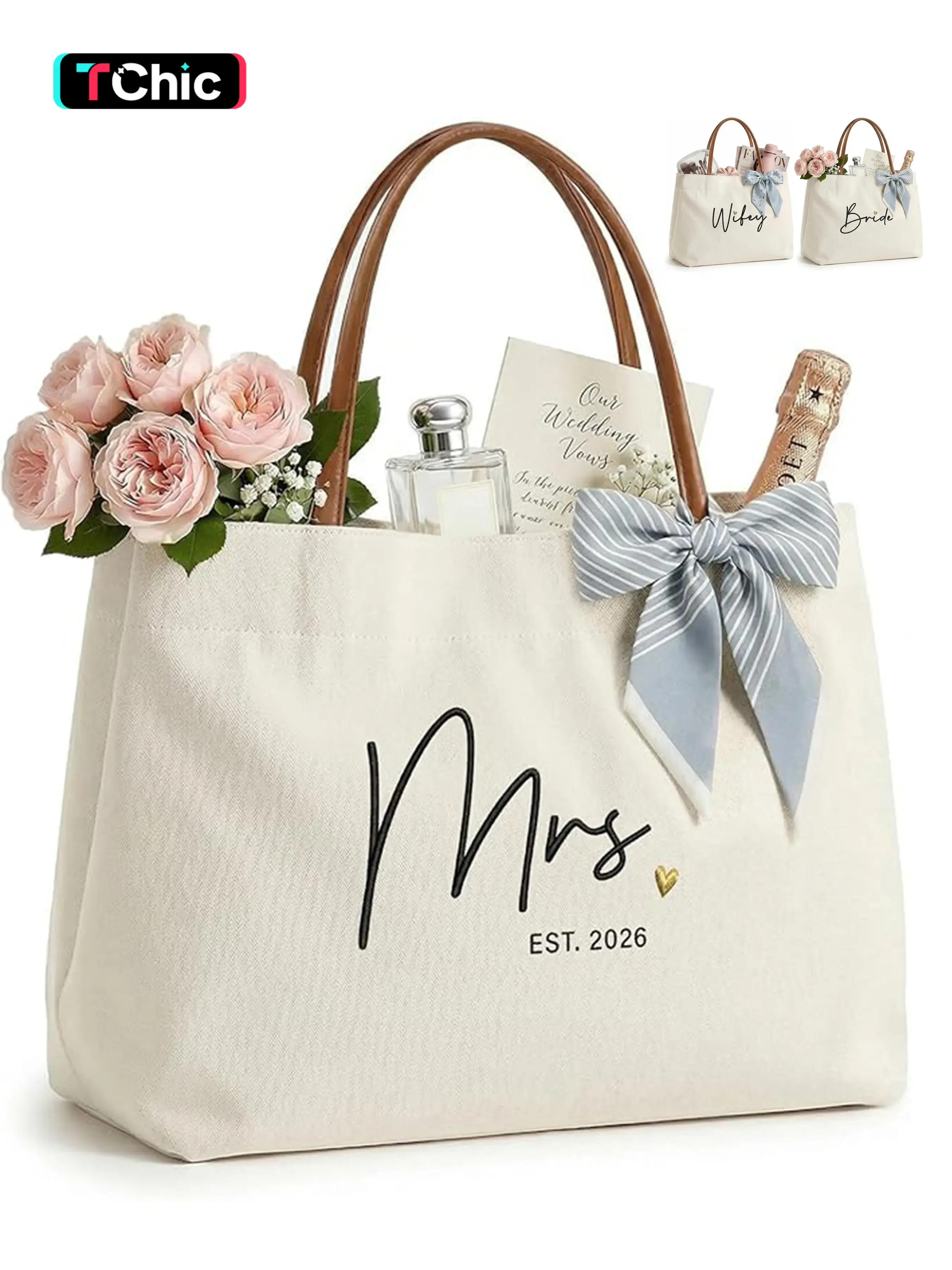 Bride Tote Bag, Embroidered Canvas Wedding Essential Tote, Beach Bag, Personalized Bridal Gifts, Suitable For Weddings, Bridal Showers, Bachelorette Parties, Engagements, Honeymoons, Gifts For Good Friends, Bridal Souvenirs