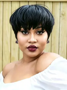 Straight Human Hair Wig for Women Pixie Cut Full Machine Made Wig 150% Density 6 Inch Wig Ideal for Daily Use and Special Occasions like Christmas and New Year Party