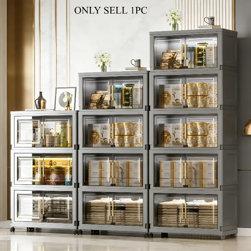 3/4/5/6 layer foldable double door transparent plastic snack and clothing storage cabinet, floor standing multi-layer household storage cabinet, stackable living room bedroom foldable snack storage and organizing cabinet