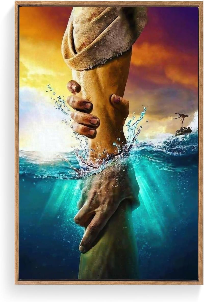 1 Count Framed Jesus Christ Canvas Wall Art The Hand of God Jesus Reaching Into Water Christian Painting Prints Biblical Wall Decor Religious Room Decor for Church Prayer Room Schools Hospitals 16x24inch