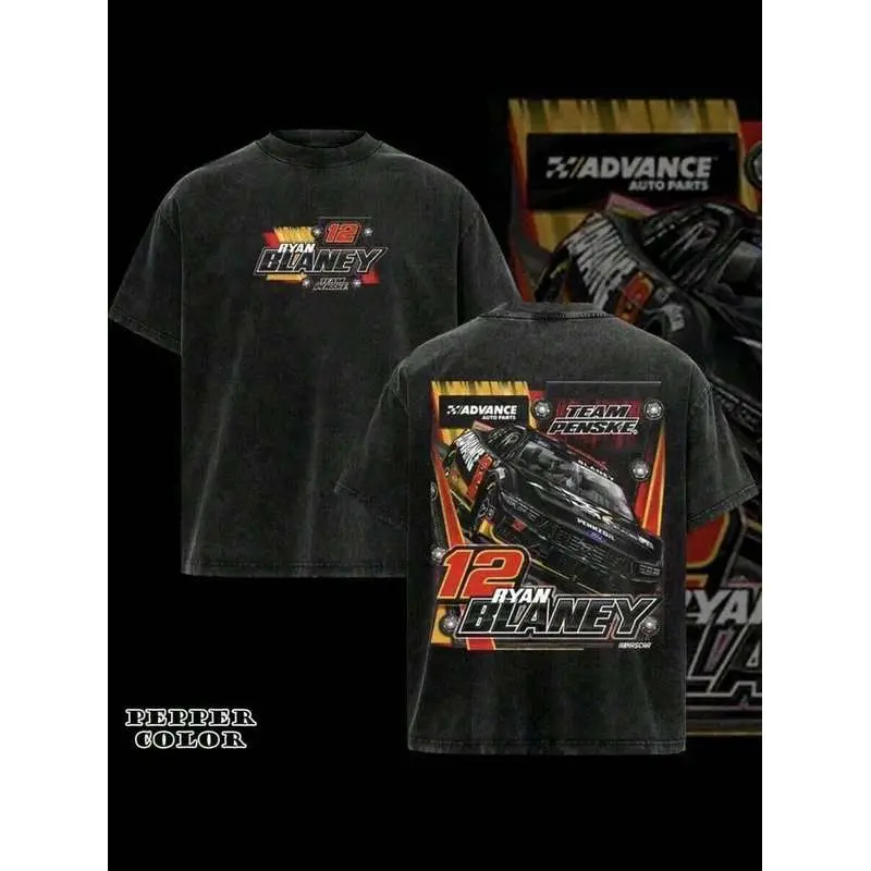 Retro Washed 100% Cotton Short-Sleeve Round-Neck Casual Fit Tee, Ryan Blaney No.12 Racing Graphic Print, Machine-Washable Soft Street Top for Motorsport Fans, Shortsleeve