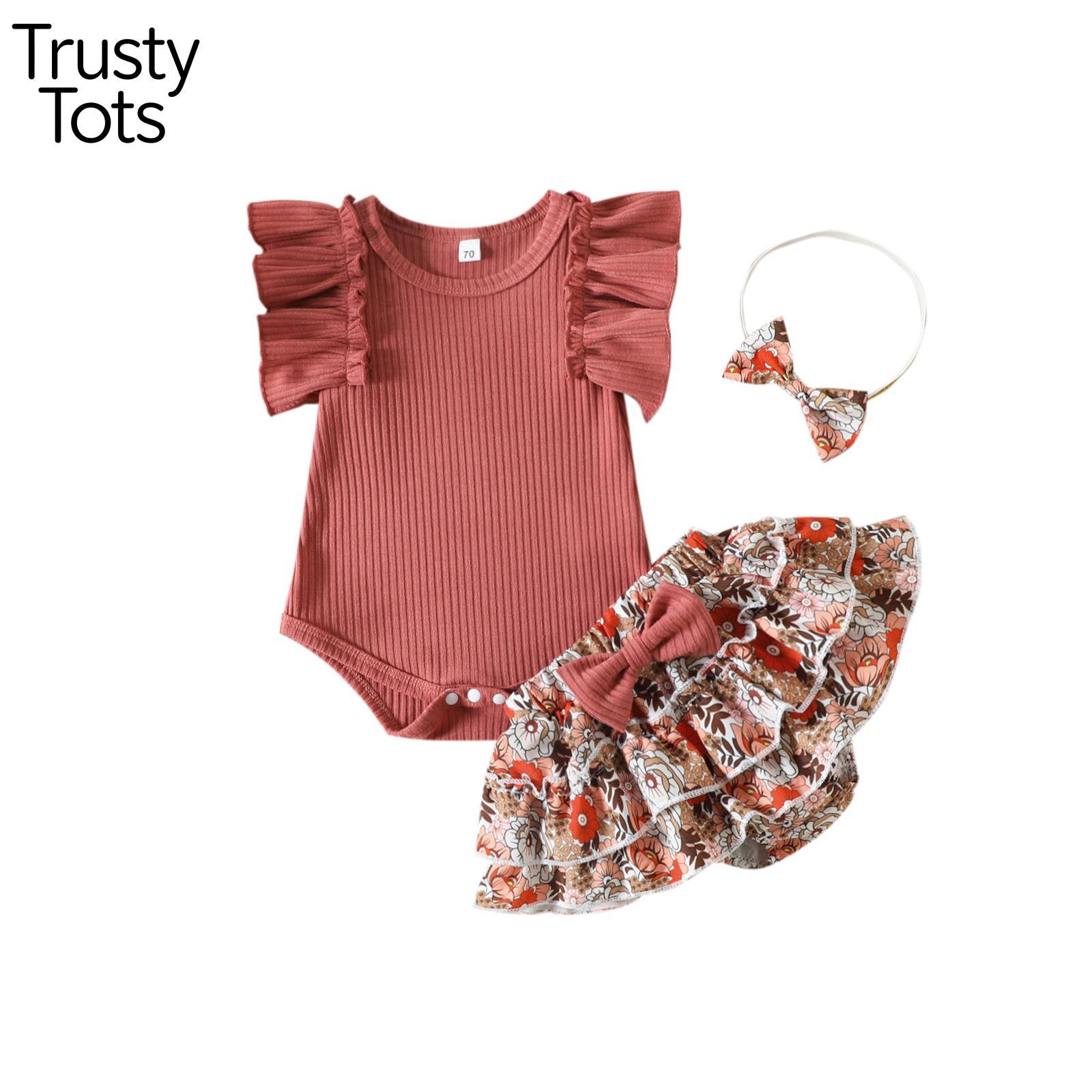 Trusty Tots  Baby Girls Summer Outfit Sets Ruffle Sleeve Ribbed Romper + Floral Culottes + Headband 2026 Summer Lace cod Set New Style Sweet Slim-fit Fashion Vest Lace Children Summer New