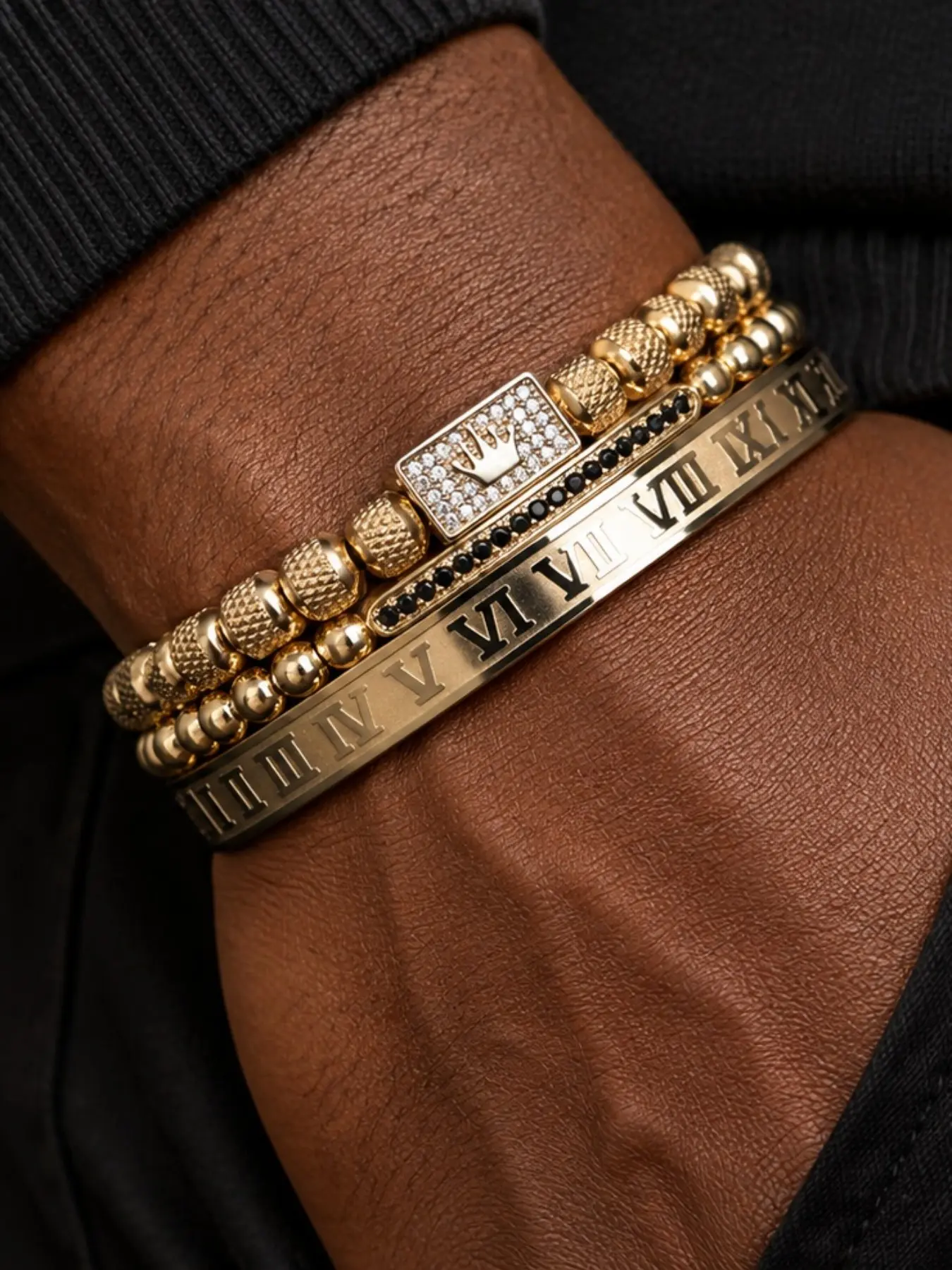 Luxury Square Micro-Set Crown Men's Bracelet, Roman Numerals Unique Design, Adjustable Woven Bracelet Set of 3 Pieces