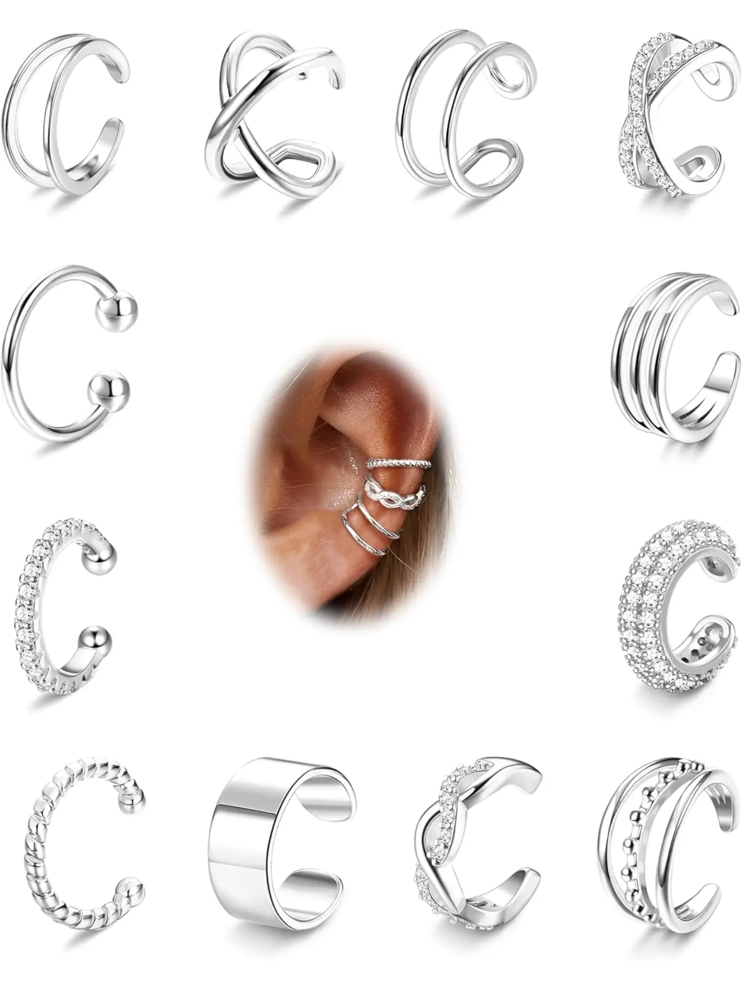 12Pcs Ear Cuff Earrings for Women Non Piercing 14K Gold Plated Ear Cuffs Non Pierced Clip on Cartilage Earring Adjustable Fake Earrings Fashion Earring