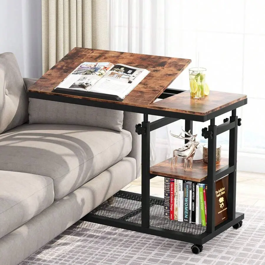 Height Adjustable C Table With Wheels, Mobile Couch Side Table With Tiltable Drawing Board, Sofa Bedside Stand C Shaped TV Tray With Storage Shelves