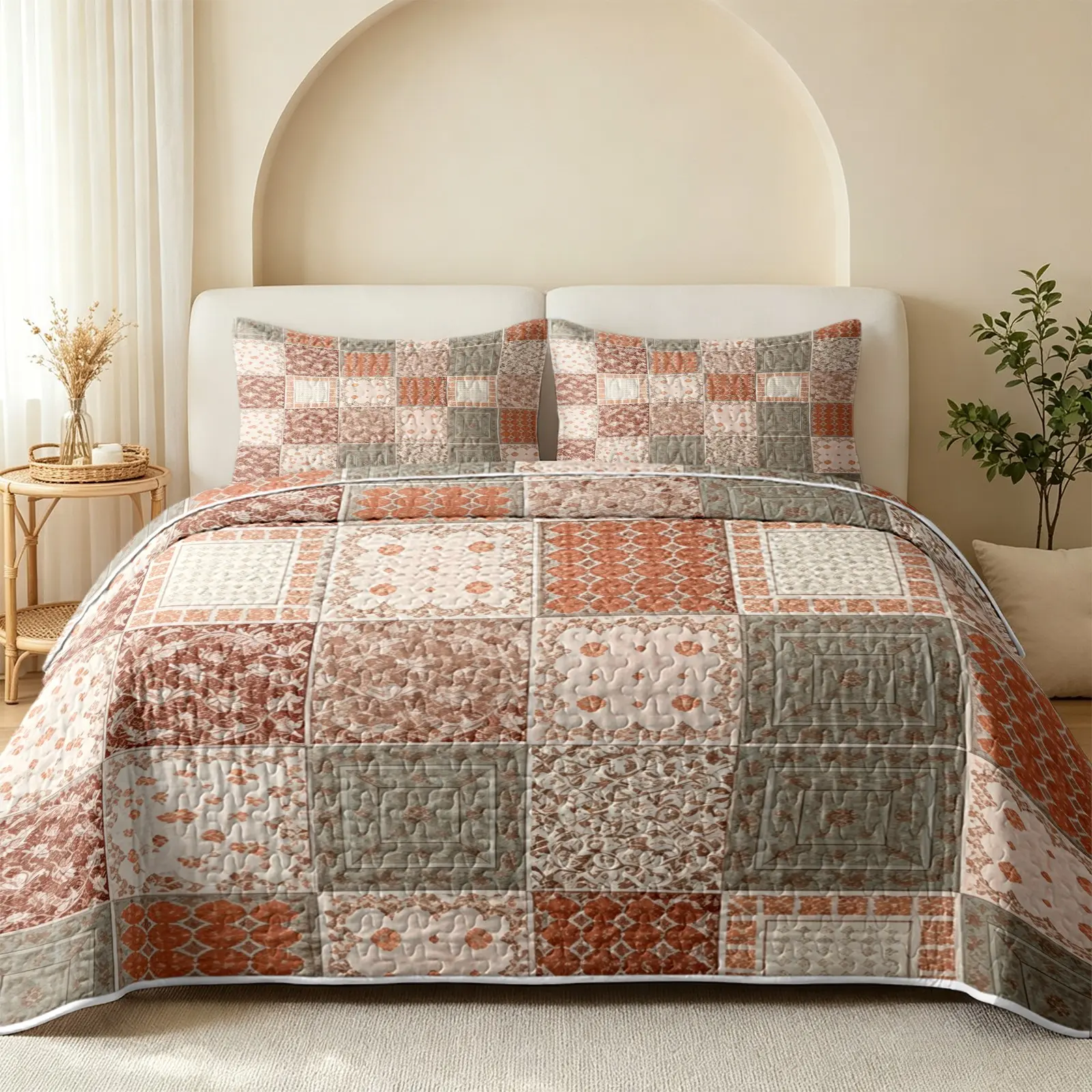 3-Piece Morandi Patchwork Quilting Set, Geometric Block Patchwork Bedspread, Soft Reversible Bedspread with Matching Pillowcases (Comforter Not Included), Versatile for All Seasons, Perfect for Bedroom and Guest Room Decor or as a Christmas Gift