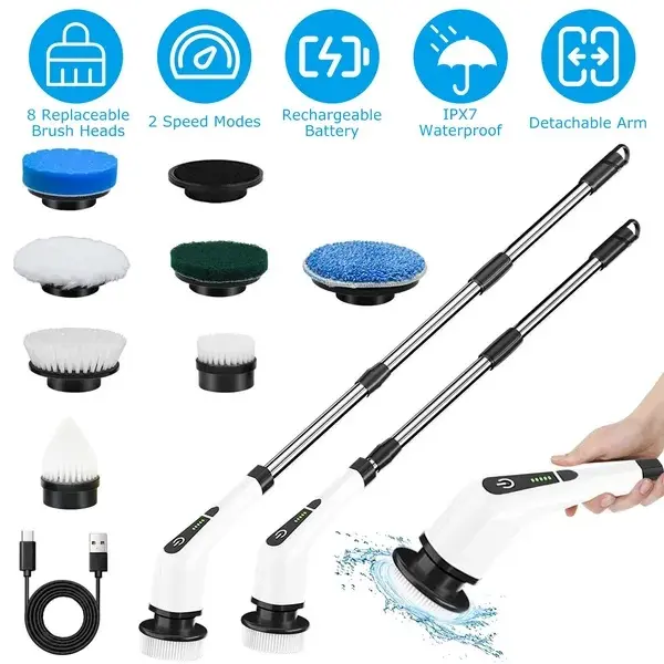 Cordless Electric Spin Scrubber with Extendable Arm, 8 Replaceable Heads, Adjustable Speed, Deep Cleaning for Bathroom Tub, Tile (Household Electric Appliance)