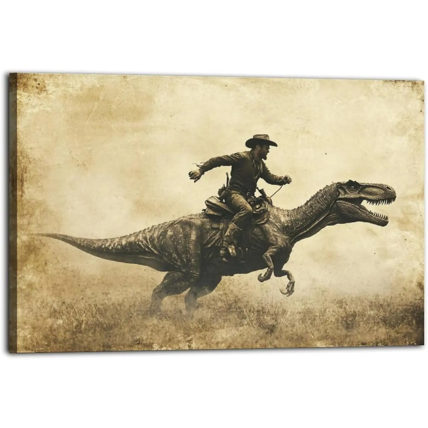 Cowboy Riding A Dinosaur Poster Wall Art Print Vintage Canvas Wall Art Wall Decor Aesthetic Modern Living Room Bathroom Decor Poster 08x12inch(20x30cm) Frame-style