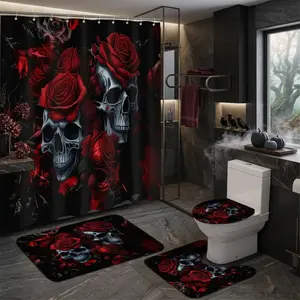 4pcs Halloween Skull Rose Shower Curtain Set, Gothic Black Red Floral Bathroom Decor, Spooky Skull Print, Horror Party, TikTok Shop Home Decor, Bathtub Curtain Set
