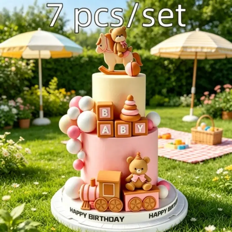7 Pcs Teddy Bear Train Cake Topper Set, Soft Handmade Clay Craft Design, Perfect for Gender Reveal Party, House Celebration and Holiday Themed Cake Table Decoration
