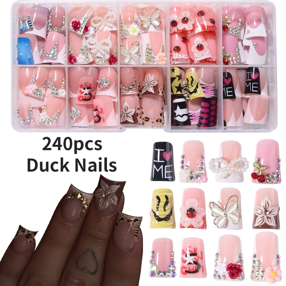 240pcs Long Duck Mouth Press-On Nails, Glittering Fake Nails, Decorative Nails, 3D Gel Flowers, Butterfly Knots, Rhinestones, Star Decorations, Heart and Piano Patterns, Includes Nail File and Jelly Glue