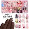 240pcs Long Duck Mouth Press-On Nails, Glittering Fake Nails, Decorative Nails, 3D Gel Flowers, Butterfly Knots, Rhinestones, Star Decorations, Heart and Piano Patterns, Includes Nail File and Jelly Glue