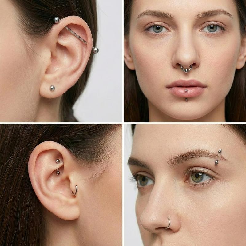 65Pcs Stainless Steel Body Piercing Jewelry Set - Mixed Belly Button, Tongue, Nipple, Eyebrow, Nose Rings, Lip Labret Studs, Industrial Barbells, Helix Tragus Cartilage Earrings - Silver Hypoallergenic Piercing Kit for Men & Women