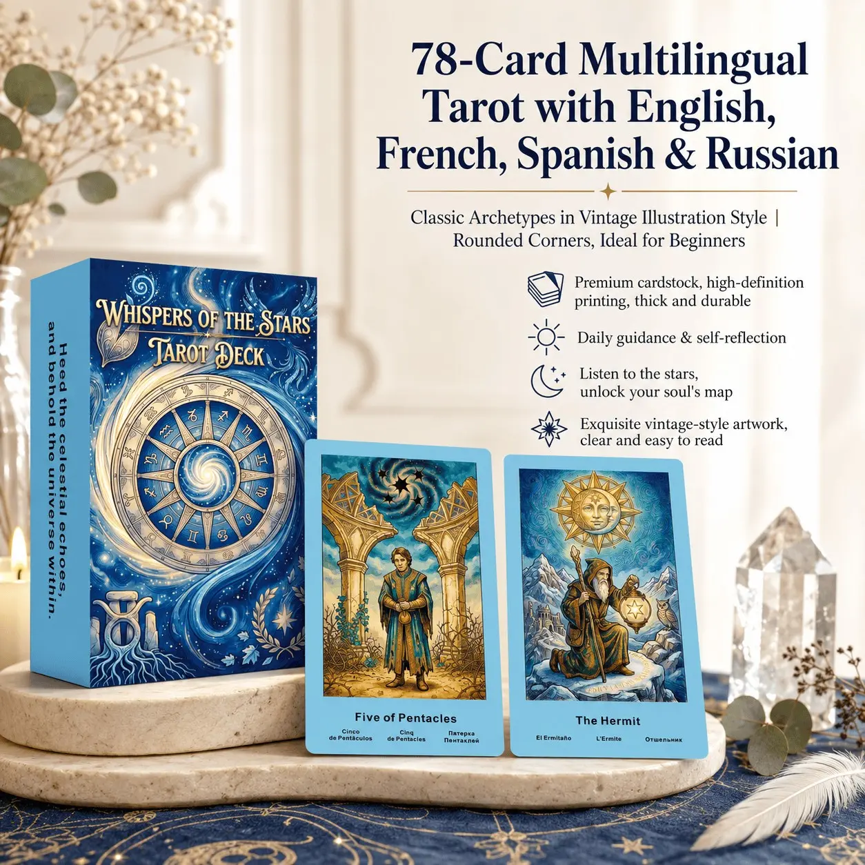 78 Spanish Classic Tarot Cards, Includes English French Spanish Russian Instructions, Divination Card Set, Perfect for Beginners and Experts