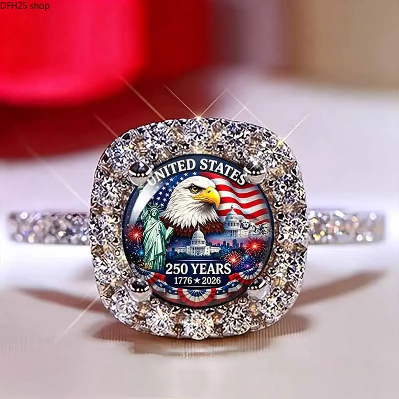 American Bald Eagle 250th Anniversary Ring, 1776–2026 Patriotic Flag Design with Crystal Halo, Unisex Statement Jewelry for Daily Wear and Gifts