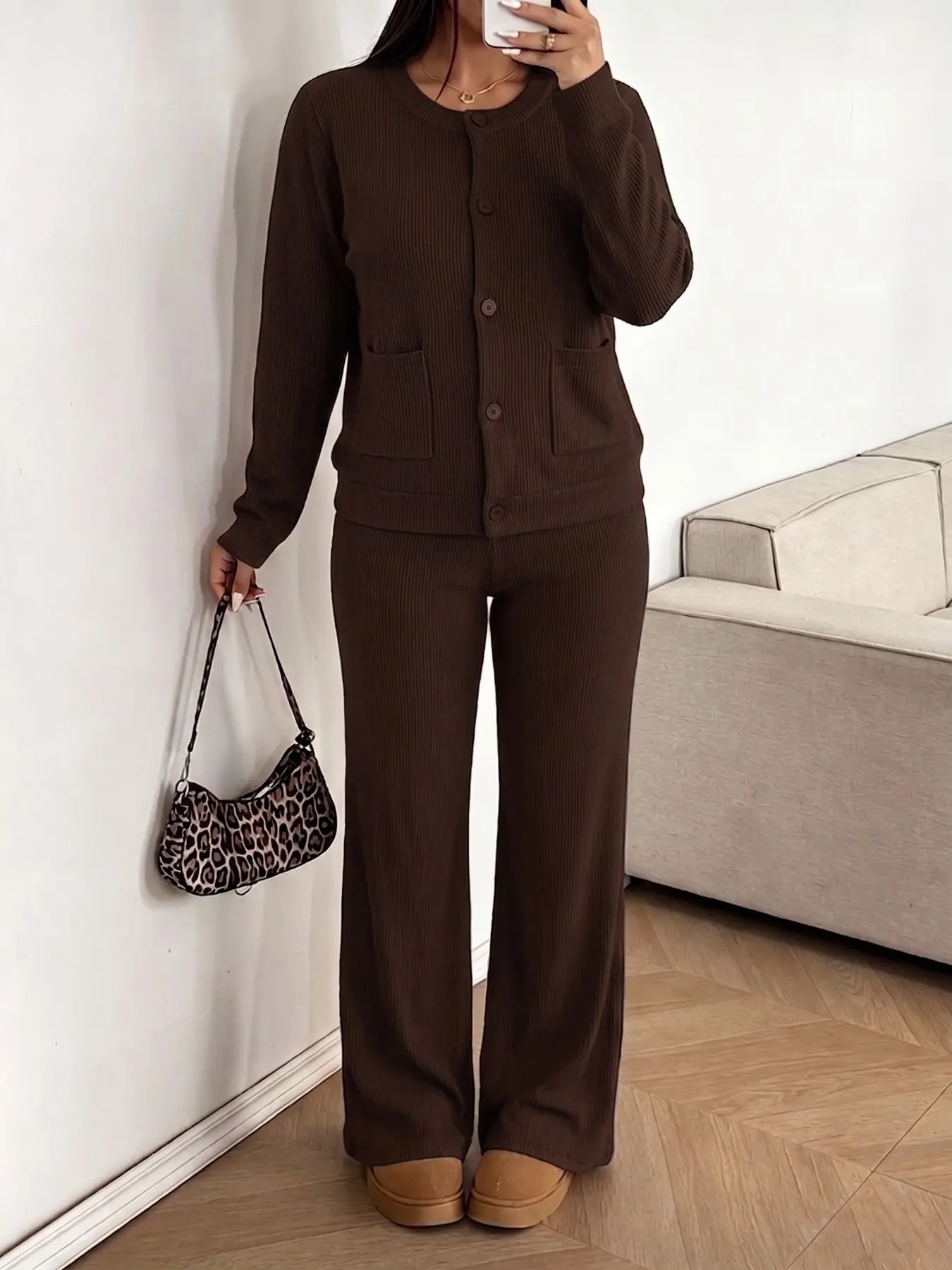 Plus Size Women 2-Piece Knit Matching Set, Crew Neck Long Sleeve Button Sweater & High Waist Wide Leg Pants, Casual Comfort Outfit for Spring & Fall, Great for Daily Commute, Dates, Outings, Parties & Gatherings Clothes