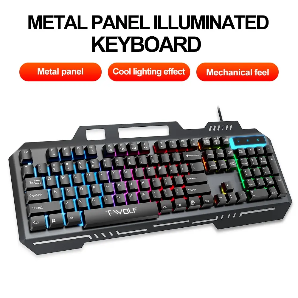 T-Wolf T16 Wired Gaming Keyboard, 104-Key Full Size, LED Backlight, Ergonomic Mechanical, USB Powered, Desktop & Laptop, Office Accessory, Mechanical Feeling Keyboard