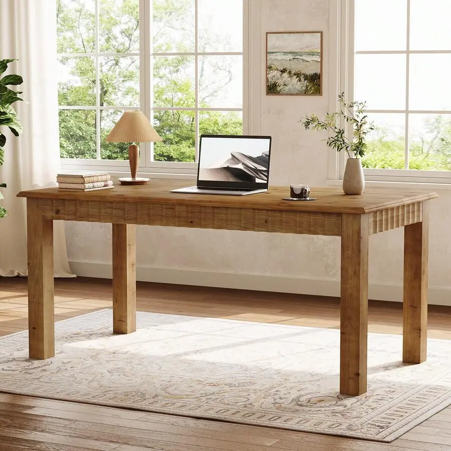 63-Inch Solid Wood Computer Desk, Large Home Office Desk With Sturdy Wooden Legs, Rustic Computer Office Table For Writing, Reading, Study, Brown