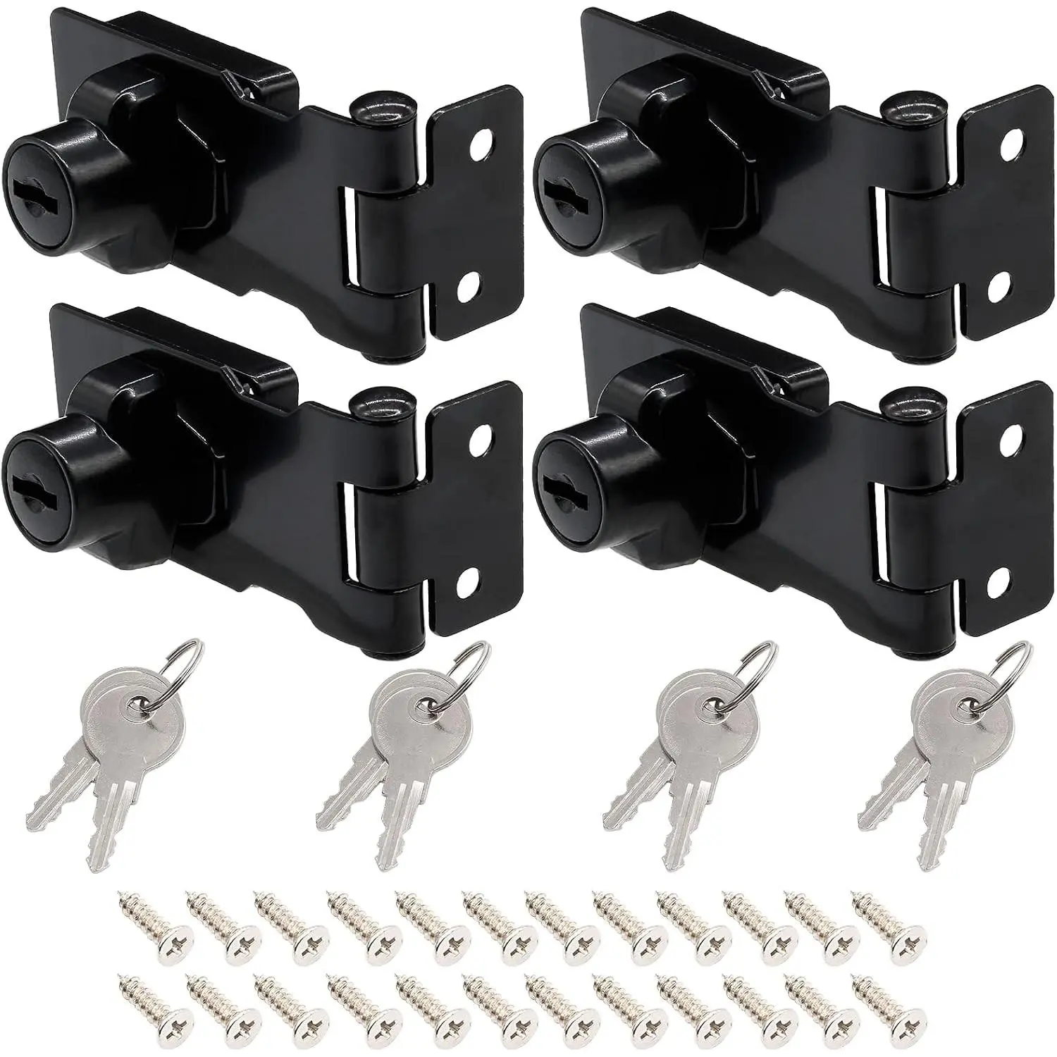 4 Pcs Keyed Hasp Lock, 2.5 Inch Twist Knob (Black) | Each Lock Keyed Different, Twist Knob No Padlock Needed, for Cabinet Drawer Toolbox Door
