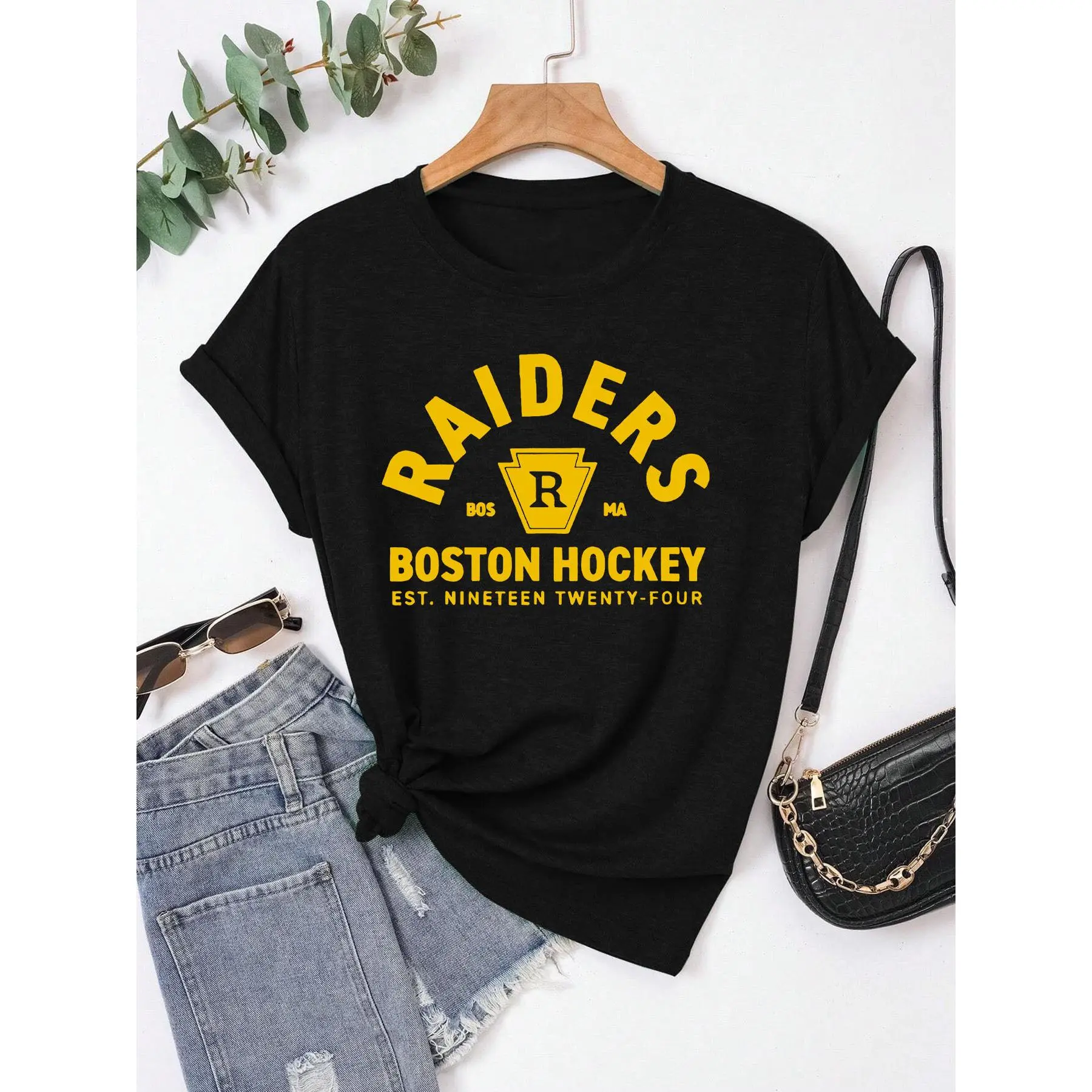 Boston Hockey Raiders Established Print T-Shirt, Short Sleeve Crew Neck Casual Top for Summer And Spring, Women'S Clothing