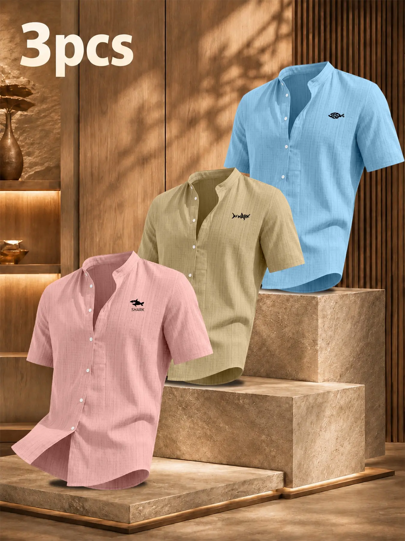 Men’s 3pcs Short Sleeve Mandarin Collar Shirt Bundle, Unique Chest Graphics, Textured Button Front, Summer Casual Travel Wear