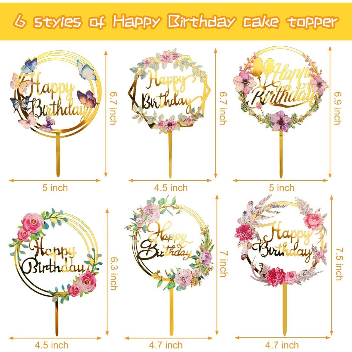 6 Pieces Happy Birthday Cake Toppers Gold Flower Acrylic Cupcake Cake Toppers for Various Birthday Party Anniversary Pastries Decorations Peonies Pastel
