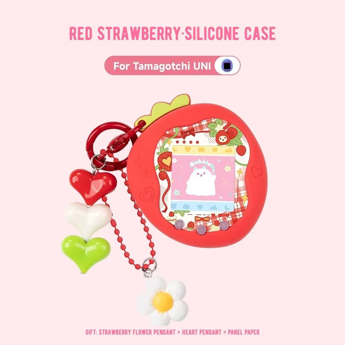 For Tamagotchi Uni Cute Apple/Strawberry Silicone Protective Case Kit with Soft Knob Cover With Panel Paper & Pendant
