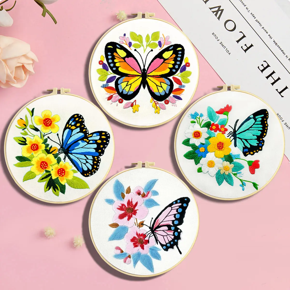 4pcs Cross Stitch Embroidery Kit for Beginners - Vintage Floral & Butterfly Pre-Printed Linen Set with Full Supplies, Style No. A (Handkerchief Fabric)