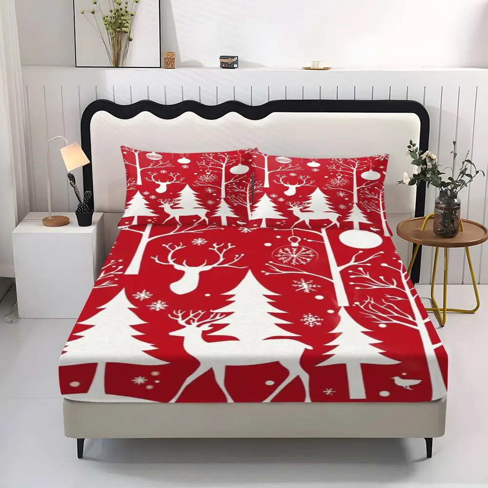3pcs Christmas Forest Reindeer Print Bed Sheet Set, Suitable for Dorms, Bedrooms, Hotels, All Seasons, No Padding, Home Bedroom Essentials